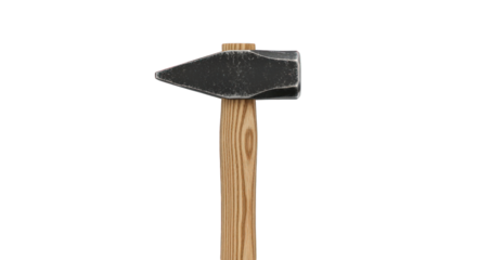 A close-up of a hatchet with a wooden handle on a