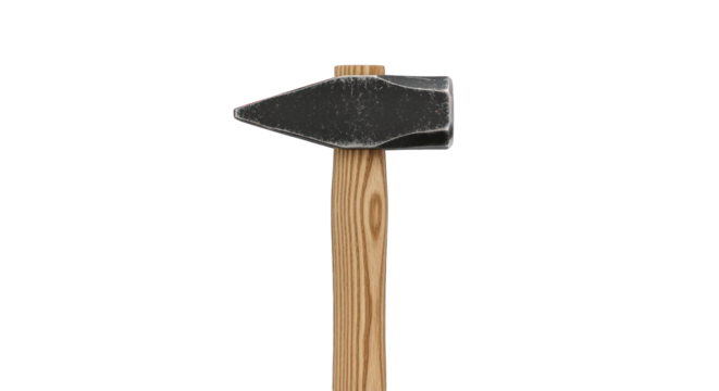 A close-up of a hatchet with a wooden handle on a
