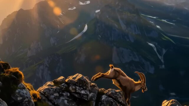 Majestic Alpine Ibex Leaping Across Mountain Ridge at Sunrise.