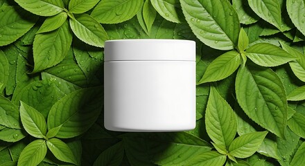 White cosmetic jar mockup on fresh green leaves background for organic beauty product