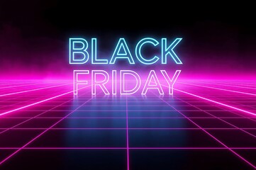 Retro neon glowing text sign for black friday sale event with a futuristic grid floor and vibrant purple pink light