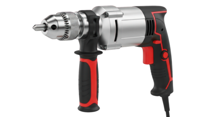 A silver and black electric drill with red accents on a
