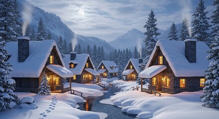 Cozy Winter Village Scene with Snow Covered Cabins and Festive Lights