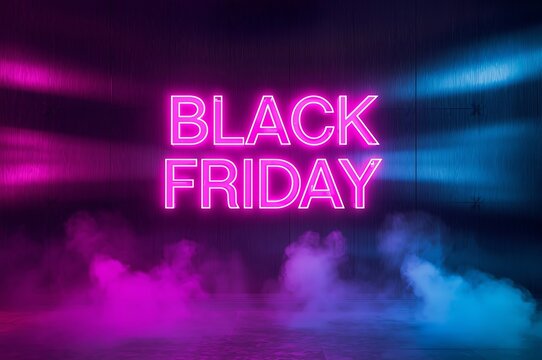 Vibrant neon sign displaying black friday text illuminated with pink and blue lights amidst atmospheric smoke and fog