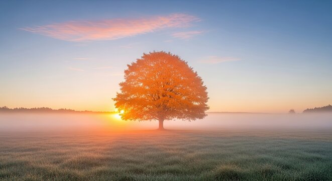 Golden Tree in Misty Sunrise Field Landscape
