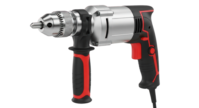 A silver and black electric drill with red accents on a