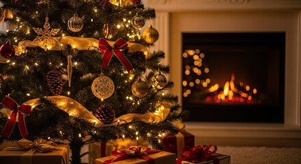 Festive Christmas Tree With Gifts Next to a Warm Fireplace