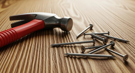 Hammer and Metal Nails on Wooden Surface