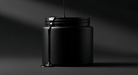 Black cream jar with dripping liquid on a dark background in a studio setting