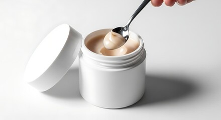 Closeup of hand scooping cosmetic cream from a white jar with a spoon