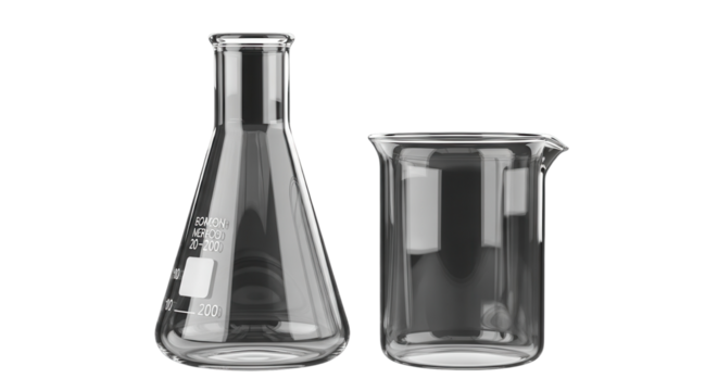 Scientific laboratory glassware set including beaker and Erlenmeyer flask for chemistry concepts isolated PNG with Transparent Background - Powered by Adobe