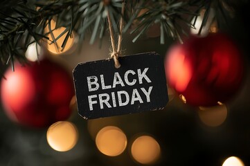 Black friday sale announcement sign hanging on a decorated christmas tree with blurred festive lights and ornaments