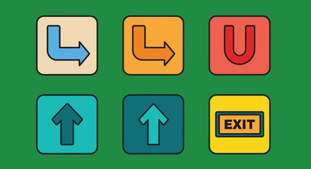 Directional arrows and exit sign icons for wayfinding and navigation