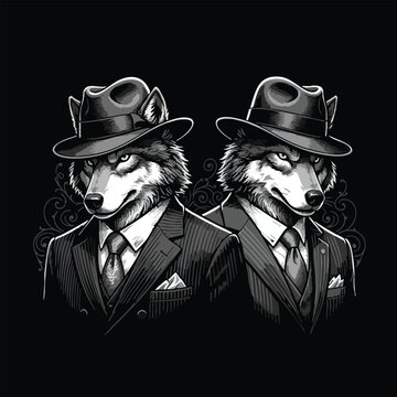 Two anthropomorphic wolves in fedora hats and sharp suits exuding a mysterious, vintage gangster aura