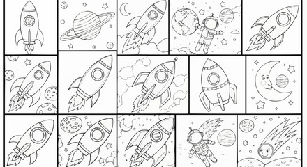 Obraz premium Collection of Space Themed Coloring Pages with Rockets and Astronauts.