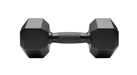 Black rubber hexagonal dumbbell for gym exercise and strength weight training. isolated PNG with Transparent Background