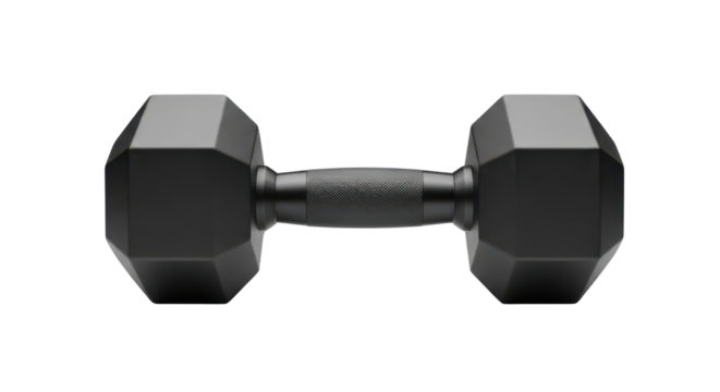 Black rubber hexagonal dumbbell for gym exercise and strength weight training. isolated PNG with Transparent Background - Powered by Adobe