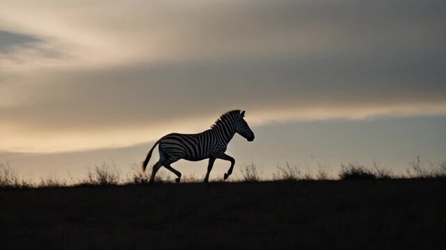Zebra running across the plains during golden hour with sunset and cloudy sky in background zebra video
