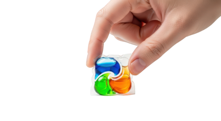 Hand holding colorful laundry detergent capsules against