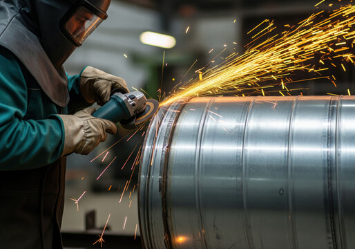 Industrial worker grinding metal barrel with sparks