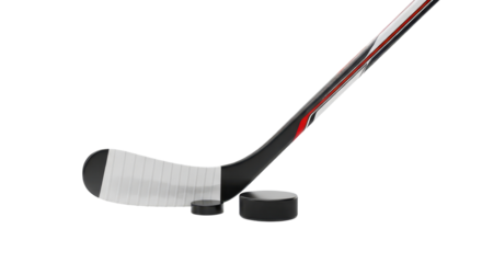 Ice hockey stick and black pucks equipment ready for professional sports marketing isolated PNG with Transparent Background