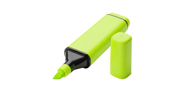 Bright fluorescent neon green highlighter marker pen for school supplies and office work. isolated PNG with Transparent Background