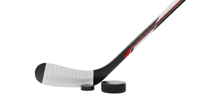 Ice hockey stick and black pucks equipment ready for professional sports marketing isolated PNG with Transparent Background