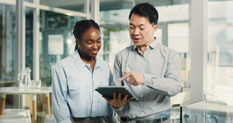 Teamwork, conversation and business people with tablet, smile or financial advisor with internet. Employees, man or woman with tech, app or research for economy analysis or report for profit increase