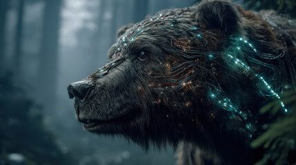 Cybernetic bear with glowing blue circuits in a foggy forest, futuristic wildlife concept art