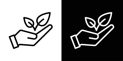 Hand with plant icon in black and white stroke on background. Ideal for eco-friendly brands, sustainability campaigns, growth concepts, and environmental care designs.