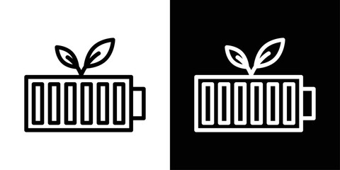 Green energy battery icon in black and white stroke on background. Perfect for renewable energy, sustainability projects, eco apps, and power-saving concepts.