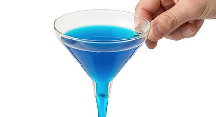 Hand holding a glass funnel with blue liquid on a