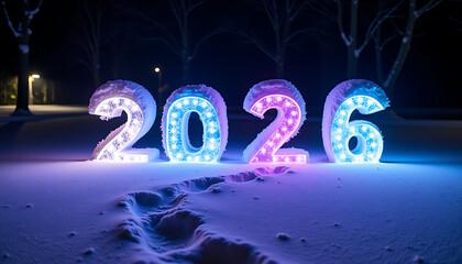 Glowing 2026 Numbers in Colorful Snowy Night Winter Scene