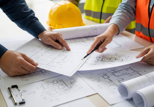 Architects and engineers reviewing construction blueprints on a desk.