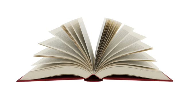 Traditional open hardback book spread out representing literature, knowledge, education, and storytelling isolated PNG with Transparent Background