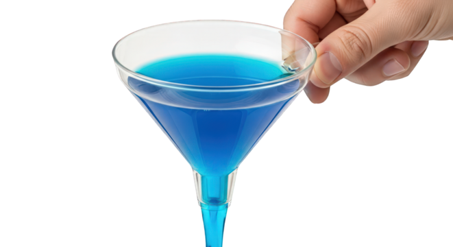 Hand holding a glass funnel with blue liquid on a