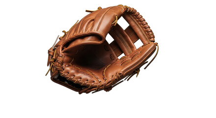 Traditional brown leather baseball glove or catcher's mitt equipment for sports and game concepts isolated PNG with Transparent Background