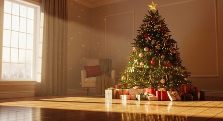 Cozy Christmas Tree Glows With Presents And Sunlight Streaming In Through Window