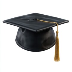Academic achievement concept: isolated black graduation cap with gold tassel isolated on white background