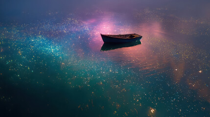 A lonely boat floats on shimmering water under a fairytale reflection of the galaxy