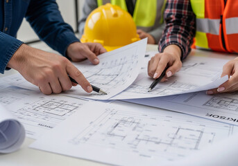 Team of Architects and Engineers Reviewing Construction Blueprints.
