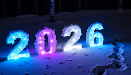 Glowing 2026 Numbers in Colorful Snowy Night Winter Scene