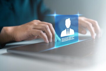 Hand using laptop with virtual user profile cybersecurity. Online account setup, business login system, personal data protection technology and secure digital identity verification management.