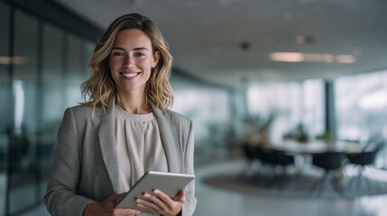Confident Businesswoman Holding Tablet in Modern Office