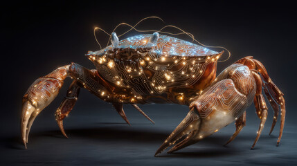 A futuristic cybernetic crab with glowing circuits, a sci-fi concept of bioengineering and artificial intelligence
