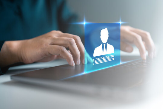 Hand using laptop with virtual user profile cybersecurity. Online account setup, business login system, personal data protection technology and secure digital identity verification management.