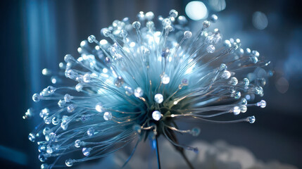 Futuristic fiber optic flower with glowing lights, abstract technology art in blue tones