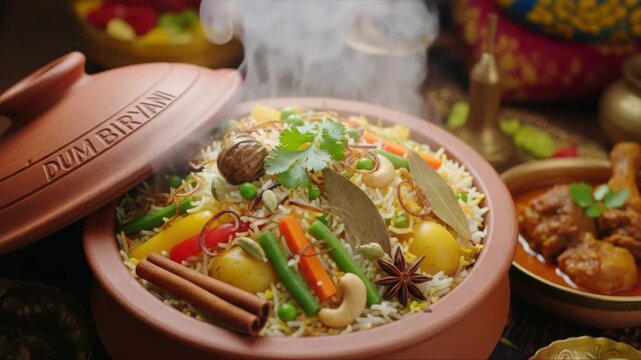 Steaming hot dum biryani served in a traditional clay pot with aromatic spices and vegetables