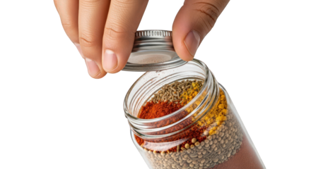 A hand opening a jar filled with various colorful spices on