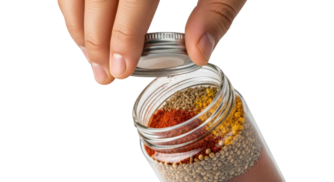 A hand opening a jar filled with various colorful spices on